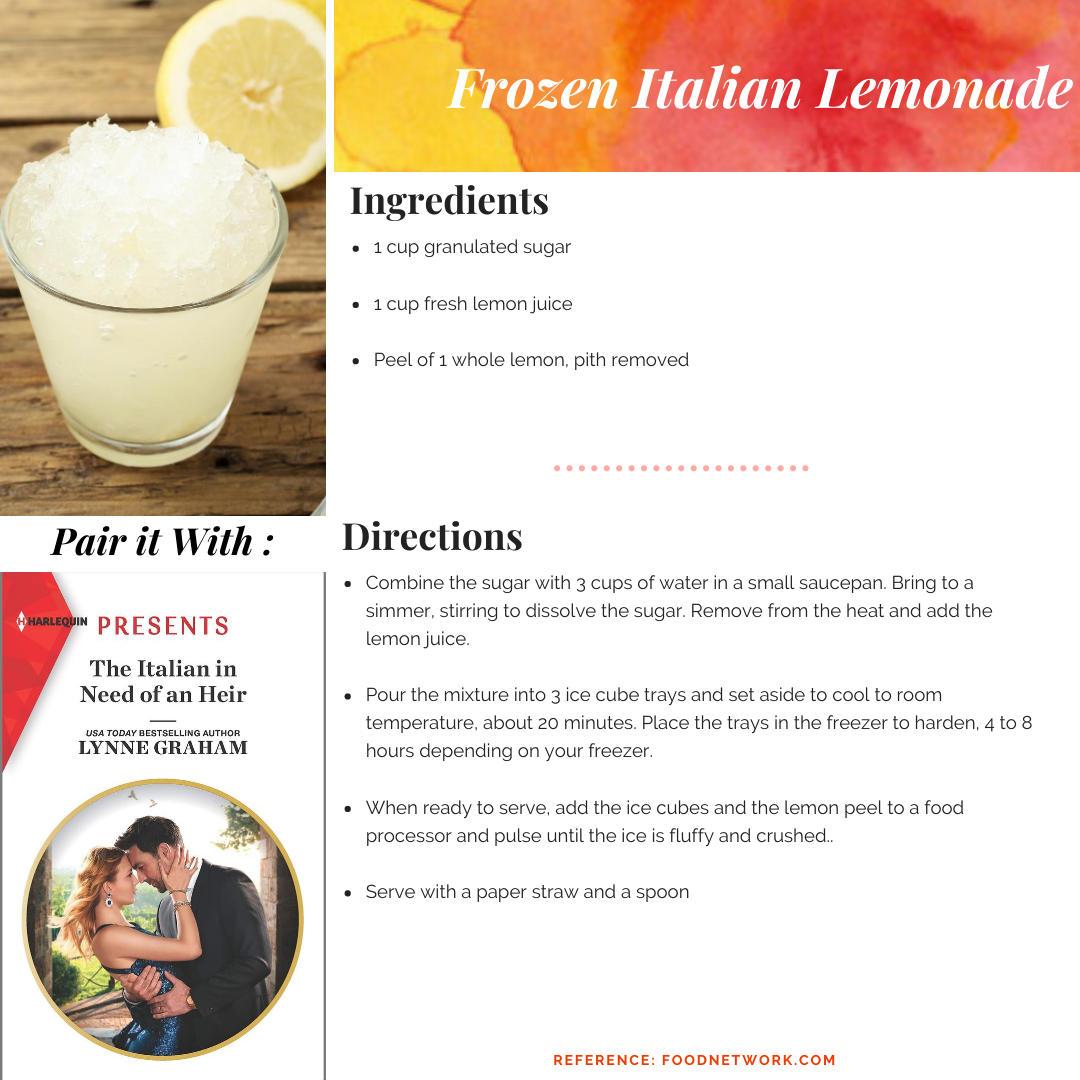 Frozen Italian Lemonade

Combine 1 cup granulated sugar with 3 cups of water. Bring to simmer, stirring to dissolve sugar. Remove from heat and add 1 cup fresh lemon juice. Pour mixture into 3 ice cube trays and set aside to cool to room temperature, about 20 minutes. Place trays in freezer to harder.

When ready to serve, add the ice cubes and peel of 1 whole lemon to food processor and pulse until fluffy and crushed.