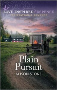 Cover image for Plain Pursuit by Alison Stone, featuring an Amish buggy making its way down a road towards a farm. There is a dark sunset in the background.