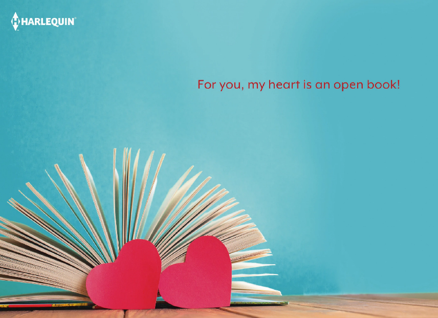 Image of a card featuring an open book with two paper hearts reading "For you, my heart is an open book."