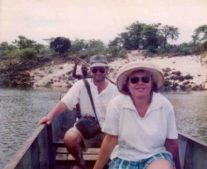 Joss and her husband crossing the crocodile filled Zambezi river (Zambia) December 1996