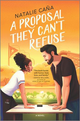 Book cover of 'A Proposal They Can't Refuse' by Natalie Caña, featuring the title in large whimsical white font centered over a background illustration. The illustration showcases a man and woman smiling at each other from across a table, against a backdrop of a vibrant city skyline during twilight.