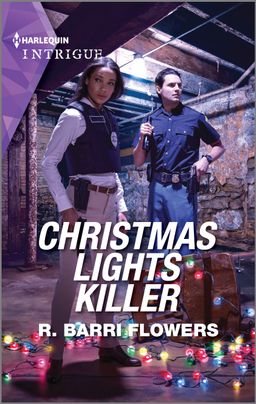 Cover for Christmas Lights Killer by R. Barri Flowers, featuring a man and a woman in an empty room with Christmas lights on the ground. Both characters have police badges, and the woman is wearing a bullet proof vest