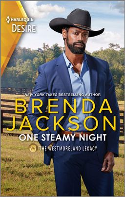 Cover image for One Steamy Night by Brenda Jackson featuring a man in a suit and cowboy hat standing outside on a ranch
