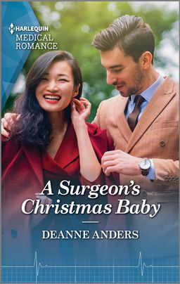 Cover image A Surgeon's Christmas Baby by Deanne Anders, featuring a laughing man and woman. The man is wearing a suit and is helping the woman put on a long red autumn coat.