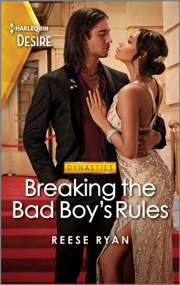 Cover image for Breaking the Bad Boy's Rules by Reese Ryan, featuring a man and a woman on a red carpet. The woman has a hand on the man's chest and they are staring into each other's eyes.