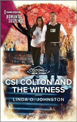 Cover image for CSI COLTON AND THE WITNESS by Linda O. Johnston, featuring a man and a woman walking through a park during the fall. The woman is visibly pregnany and wearing a police badge around her neck. The man is wearing a bullet proof vest with "CSI" written on the front.