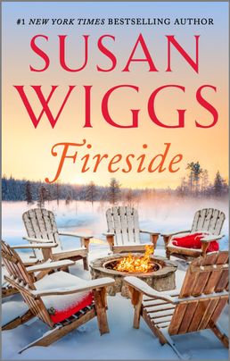Cover image for Fireside by Susan Wiggs, featuring a group of snow covered chairs outside in a winter landscape. The chairs are surrounding a campfire.
