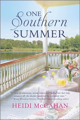Cover image for ONE SOUTHERN SUMMER by Heidi Mccahan, featuring a porch overlooking a lake. On the porch are two chairs with floral pillows and a small table with a lemonade pitcher and two glasses.