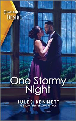 Cover image for One Stormy Night by Jules Bennett, featuring a man and a woman dancing in a dark room. The woman is in a dress and the man is in a suit. Through the windows we can see there is lightening and rain outside.