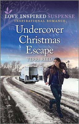 Cover image for UNDERCOVER CHRISTMAS ESCAPE by Terri Reed, featuring a woman running away from an open van on a winder road. It is snowing. 