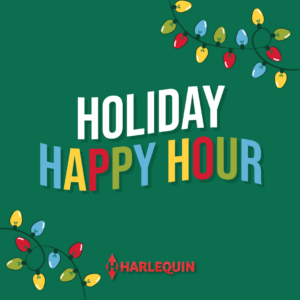 An illustration of christmas lights overtop a green background. There is text overtop reading holiday happy hour
