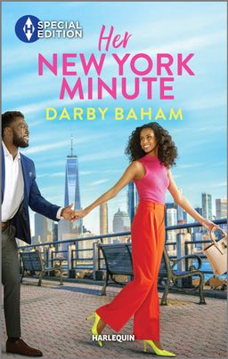Cover image for Her New York Minute by Darby Baham, featuring a woman leading a man down  a boardwalk on a sunny day, with the New York City in the background.