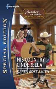 Cover image for His Country Cinderella by Karen Rose Smith, featuring a little boy in a cowboy hat playing guitar. Behind him is a man and a woman watching. The man is in a cowboy hat and has an arm wrapped around the woman. 