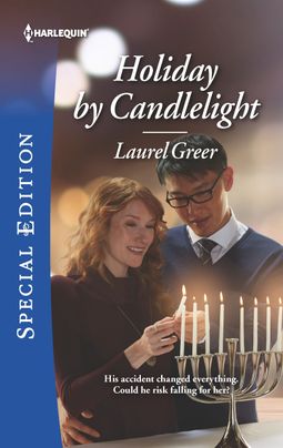 Cover image for Holiday by Candlelight by Laurel Greer, featuring a man and a woman standing by a menorah on a table in front of them. The woman is lighting the candles while the man has his arm around her waist.