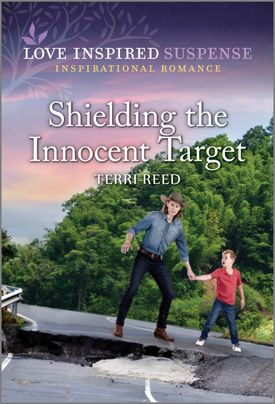 Cover image for Shielding the Innocent Target by Terri Reed, featuring a woman holding hands with a small boy, guiding him on a road with a large crack in the middle. There is a forest behind them. 