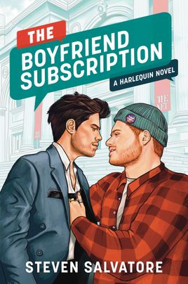 Cover image for The Boyfriend Subscription by Steven Salvatore, featuring an illustration of two men standing outside of the The Metropolitan Museum of Art in New York City. The man on the right is wearing a plaid shirt and has his hand on the chest of the man on the left, who is wearing a suit. They are looking into each other's eyes.