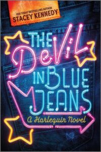 Cover image for The Devil in Blue Jeans by Stacey Kennedy, featuring an illustration of the cover in neon lights. The background is a back jean pocket.