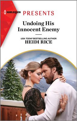 Cover image for Undoing His Innocent Enemy by Heidi Rice, featuring a man and a woman with their foreheads pressed together. The man is in a dress shirt and has a beard. The woman is in a dress and has her hair in a bun. Behind them is a winter scene with snow covered pine trees.