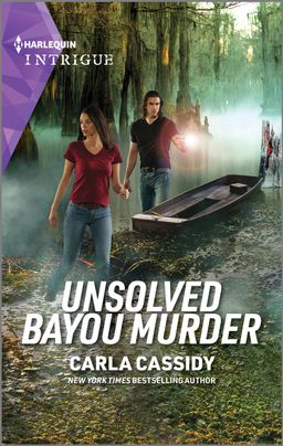 Cover image for Unsolved Bayou Murder by Carla Cassidy, featuring a man and a woman walking through a bayou. The man is holding a flashlight. There is a canoe nearby and trees and vines in the background.