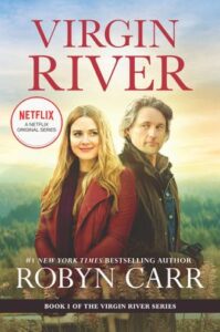 Cover image for Virgin River by Robyn Carr, featuring a woman and a man standing back to back, with a forest scene in the background.