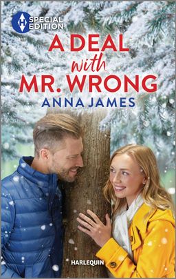 Cover image for A Deal with Mr. Wrong by Anna James, featuring a man and a woman on either side of a snowy pine tree. Both are wearing winter coats. 