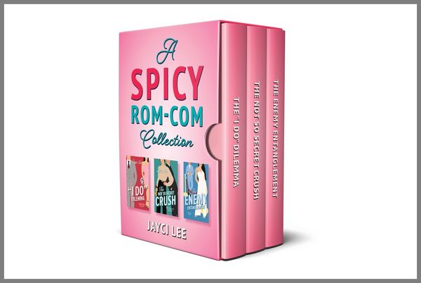 Cover image for A Spicy Rom-Com Collection by Jayci Lee, featuring a 3D image of a bundle of pink books. The cover of the bundle features the title of the bundle in cursive writing.