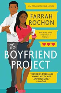 Cover image for The Boyfriend Project by Farrah Rochon, featuring an illustration of a man and a woman standing back to back. The woman is holding a cell phone. The man has his arms crossed.