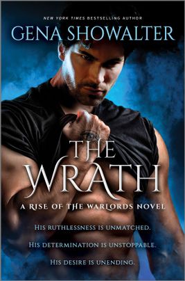Cover image for The Wrath by Gena Showalter, featuring a man lifting his shirt to reveal his muscles over a blue smokey background. 