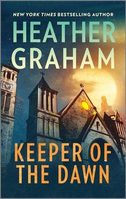 Cover image for Keeper of the Dawn by Heather Graham, featuring a large, gothic church illuminated by the glowing full moon behind it.