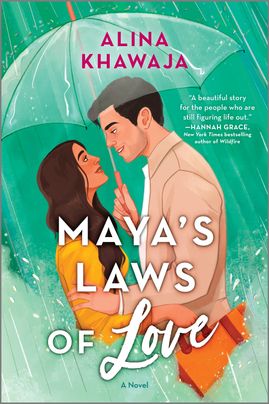 Cover image for Maya's Laws of Love by Alina Khawaja, featuring an illustration of a man and a woman standing under an umbrella. The man is holding the umbrella, while the woman is holding a suitcase.
