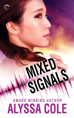 Cover image for Mixed Signals by Alyssa Cole, featuring a woman looking over her shoulder. There are pink, purple and black clouds swirling behind her. 