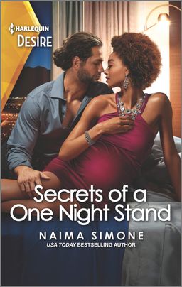 Cover image for Secrets of a One Night Stand by Naima Simone, featuring a man and a woman on a couch. The woman is in the man's lap and is visibly pregnant. They are about to kiss.