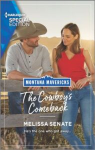 Cover image for The Cowboy's Comeback by Melissa Senate, featuring a man and a woman leaning against a wooden fence in a field. The man is wearing a cowboy hat, plain shirt and jeans. The woman is a tank top and jeans.