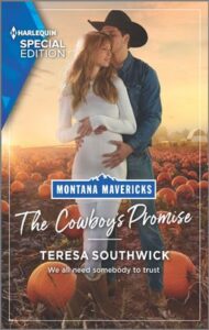 Cover image for The Cowboy's Promise by Teresa Southwick, featuring a man in a cowboy hat and a visibly pregnant woman in a dress embracing in a pumpkin patch.