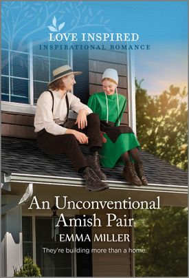 Cover image for An Unconventional Amish Pair by Emma Miller, featuring an amish man and woman sitting on a roof. The woman is wearing a bonnet and the man is wearing pants with suspenders and a straw hat. Both are smiling.