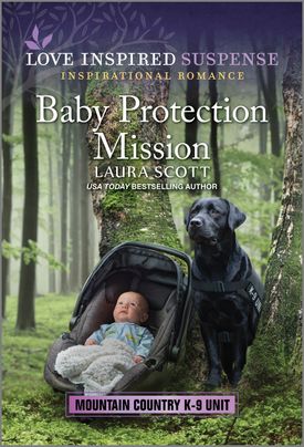 Cover image for Baby Protection Mission by Laura Scott, featuring a baby in a carrier next to a black dog in a K-9 vest. They are alone in the forest, surrounded by trees.
