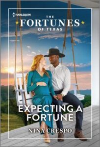 Cover image for Expecting a Fortune by Nina Crespo, which features a man and a woman sitting on a bench swing on a porch. The man is in a cowboy at and the woman is visibly pregnant. There is a sunset and field behind them.
