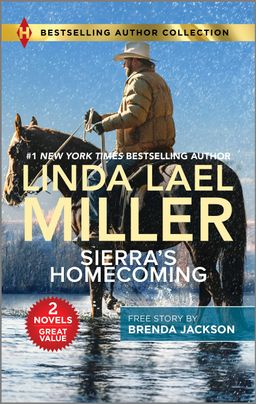 Cover image for Sierra's Homecoming by Linda Lael Miller, which features a cowboy in a winter jacket on top of a horse that is walking through shallow water.