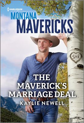 Cover image The Maverick's Marriage Deal by Kaylie Newell, featuring a man in a cowboy hat leaning against a tree. S+R is carved into the tree bark. 