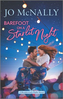 Book cover for 'BAREFOOT ON A STARLIT NIGHT' by Jo McNally, featuring a man holding a woman as they walk along a beach, under a sky dotted with stars, the title and author's name presented in large, cursive font above.