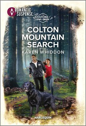 Cover image for Colton Mountain Search by Karen Whiddon, featuring a man and a woman running through the forest. In front of them is a large, black dog.
