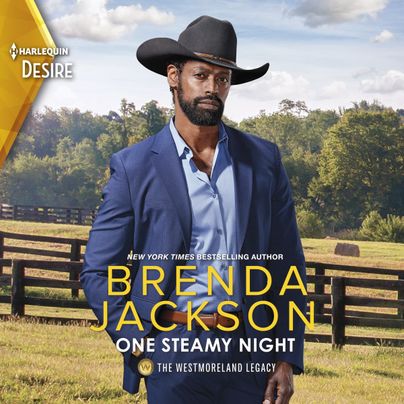 Audiobook cover image for One Steamy Night by Brenda Jackson, featuring a cowboy in a dark blue suit and black cowboy hat standing outside in a field. There is a wooden fence and trees in the background.