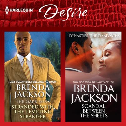 Audiobook cover for Stranded with the Tempting Stranger and Scandal Between the Sheets by Brenda Jackson. This features two book covers on top of a red, snake skin print. The cover on the left features a man in a light suit with his hands in his pockets. The cover on the right features a close up of a man and a woman smiling at each other.