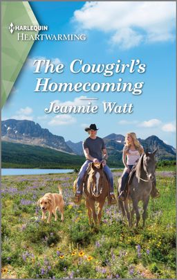 Cover image for the Cowgirls Homecoming by Jeannie Watt, featuring a man and a woman on horseback riding across a field. There is a dog following beside them. In the background there are mountains