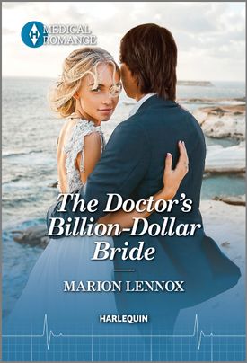Cover image for The Doctor’s Billion-Dollar Bride by Marion Lennox, featuring a bride and groom standing on a beach. The groom is looking out over the water, while the bride is looking over his shoulder at the viewer.