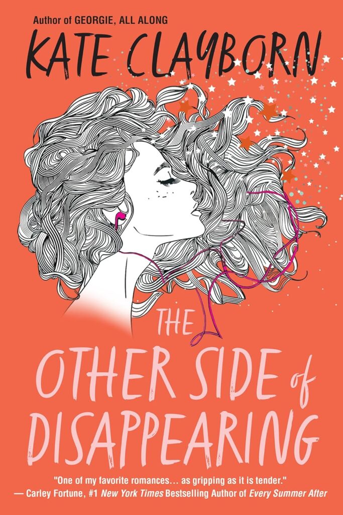 Cover image for The Other Side of Disappearing by Kate Clayborn, featuring an illustration of a woman with headphones in. The wind it blowing her hair and airphone wires across the page.