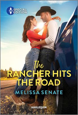 Cover image for The Rancher Hits the Road by Melissa Senate, featuring a man and a woman embracing against a blue pick up truck. The man is wearing a cowboy hat.