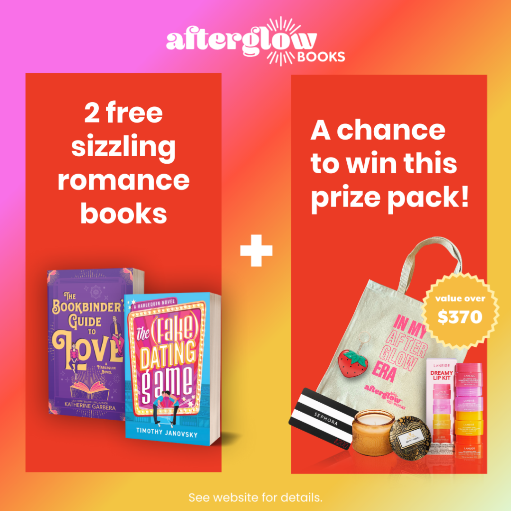 An image featuring two afterglow books and a prize pack including a tote bag, a sephora gift card, a candle and lip balm.