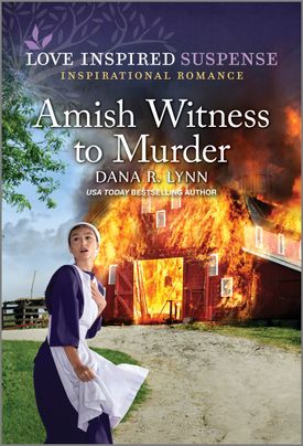 Cover image for Amish Witness to Murder by Dana Lynn, featuring an amish woman looking around, shocked, as a barn burns behind her.
