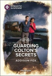 Cover image for GUARDING COLTON'S SECRETS by Addison Fox, featuring a man and a woman running down a dock over a river at night time. In the background is a cabin.